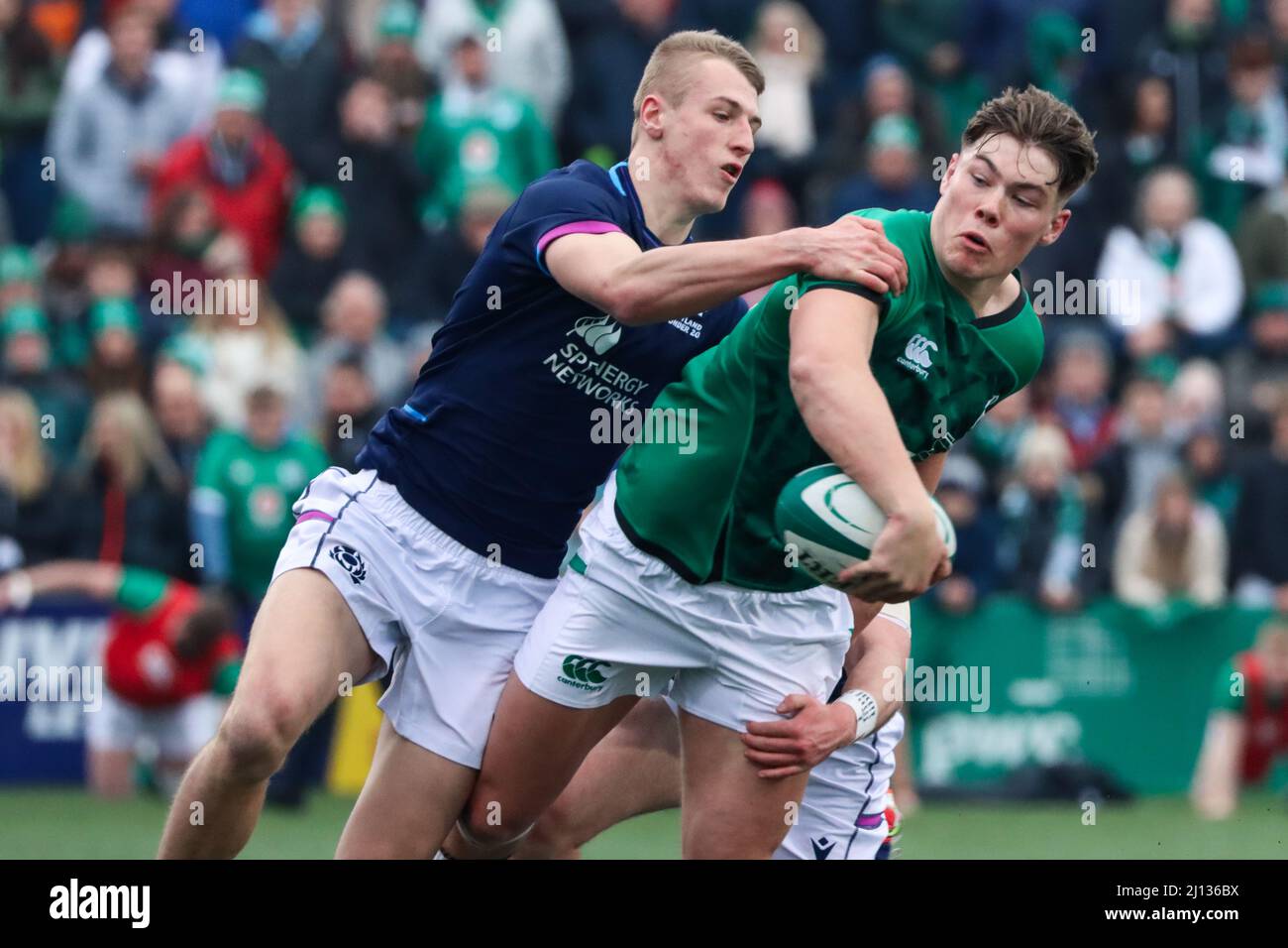 20th mars 2022, Cork, Irlande : match des six Nations de moins de 20 ans entre l'Irlande (59) et l'Écosse (5) à Musgrave Park. Banque D'Images