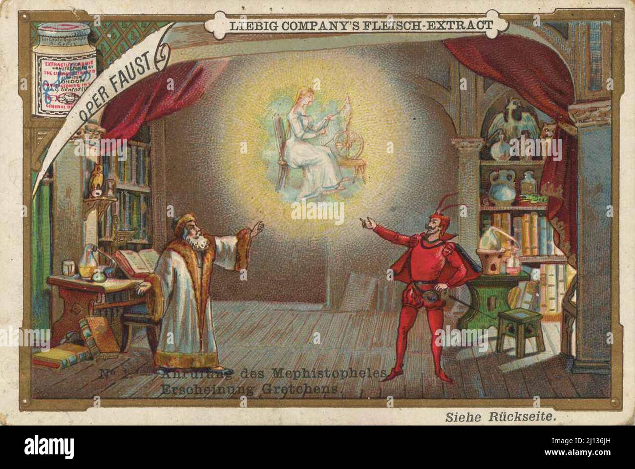 Bilderserie Oper, Faust, Anrufung des Mephisto, Erscheinung Gretchen / série d'images opéra, Faust, invocation de Mephisto, apparition Gretchen, Liebigbild, Digital amélioration de la reproduction d'une image de collection de la société Liebig, estimée à partir de 1900, pd / digital restaurierte Reproduktion eines Sammelbildes von ca 1900, gemeinfrei Banque D'Images