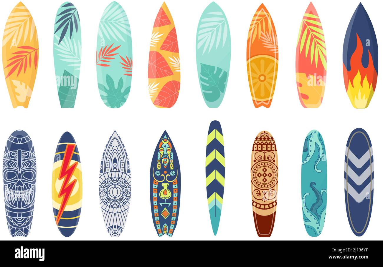 Planche à voile avec motif estival et motif ethnique. Planche de surf avec imprimé feuilles tropicales, flamme et foudre. Jeu de planches de surf vectorielles Illustration de Vecteur