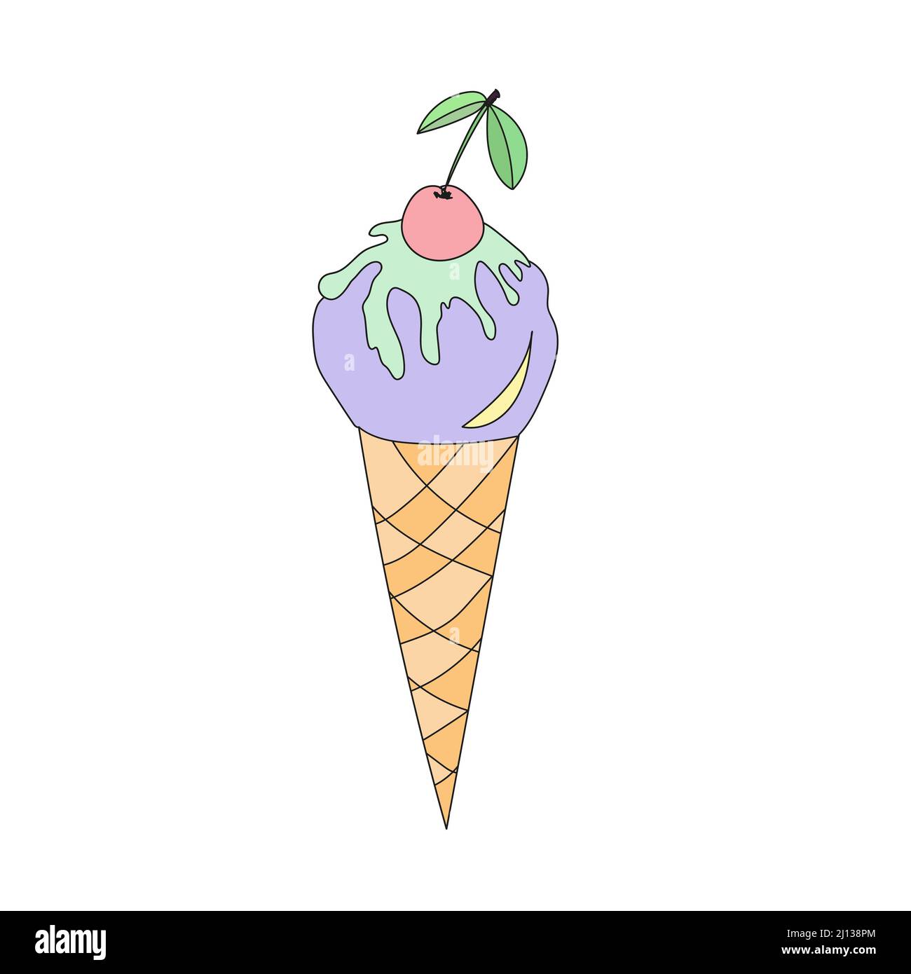 Cornet de crème glacée à la cerise. Illustration vectorielle en style doodle. Illustration de Vecteur