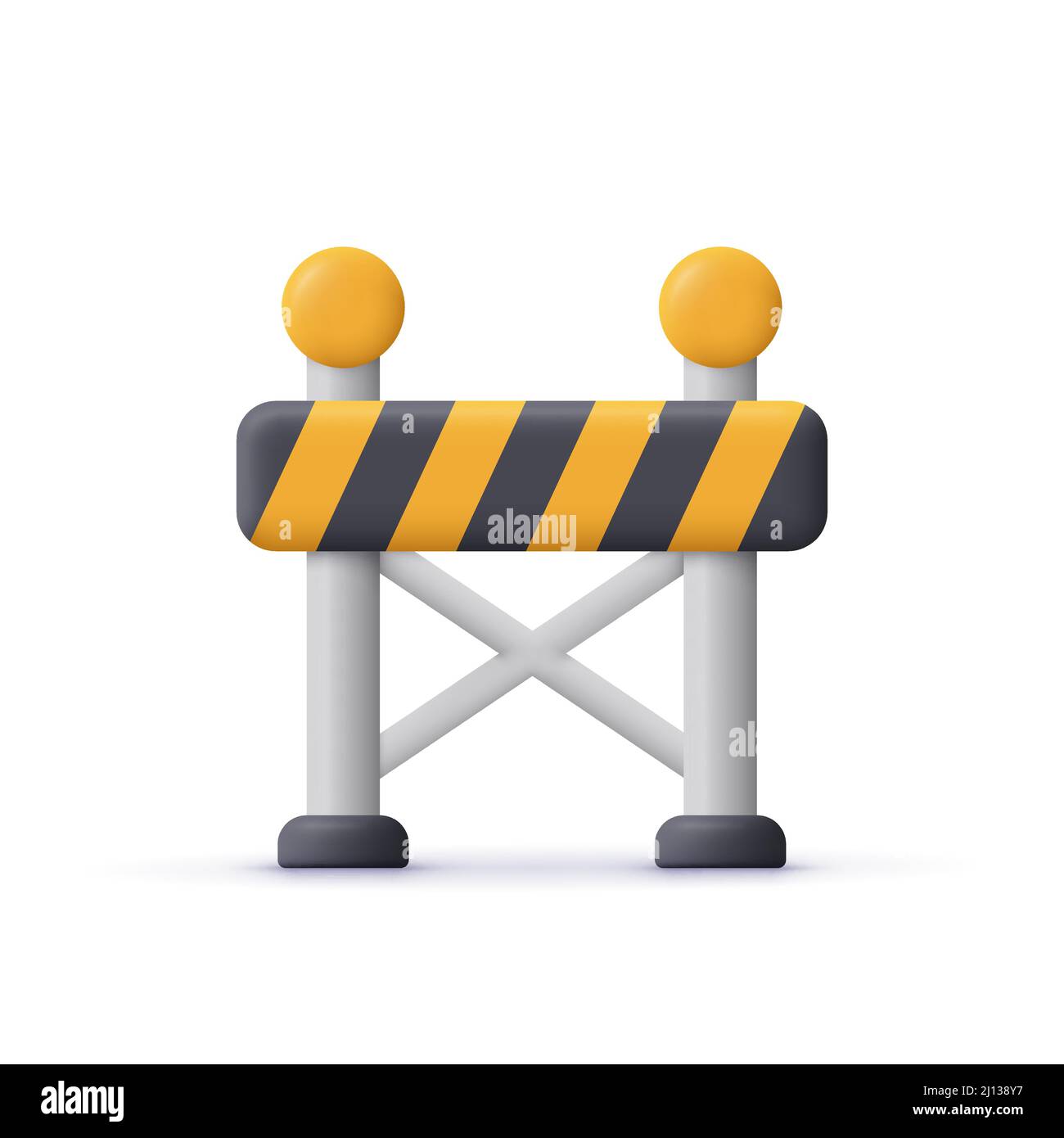 Barrière routière avec bandes jaunes. En construction, barrière d'avertissement. 3d icône de vecteur. Style de dessin animé minimaliste. Illustration de Vecteur