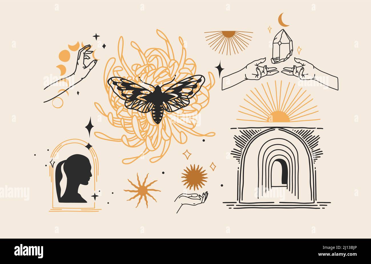 Illustration graphique vectorielle abstraite à la main avec ensemble de collection d'éléments de logo, art de ligne magique de croissant, phase de lune et étoile dans Illustration de Vecteur