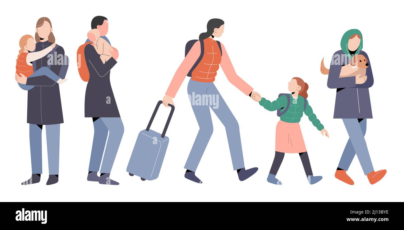 Réfugiées de sexe féminin avec enfants et animaux de compagnie, en courant, en portant des bébés, en tirant des valises, en fuyant du pays, échapper à un conflit de guerre, personnages de dessins animés Illustration de Vecteur