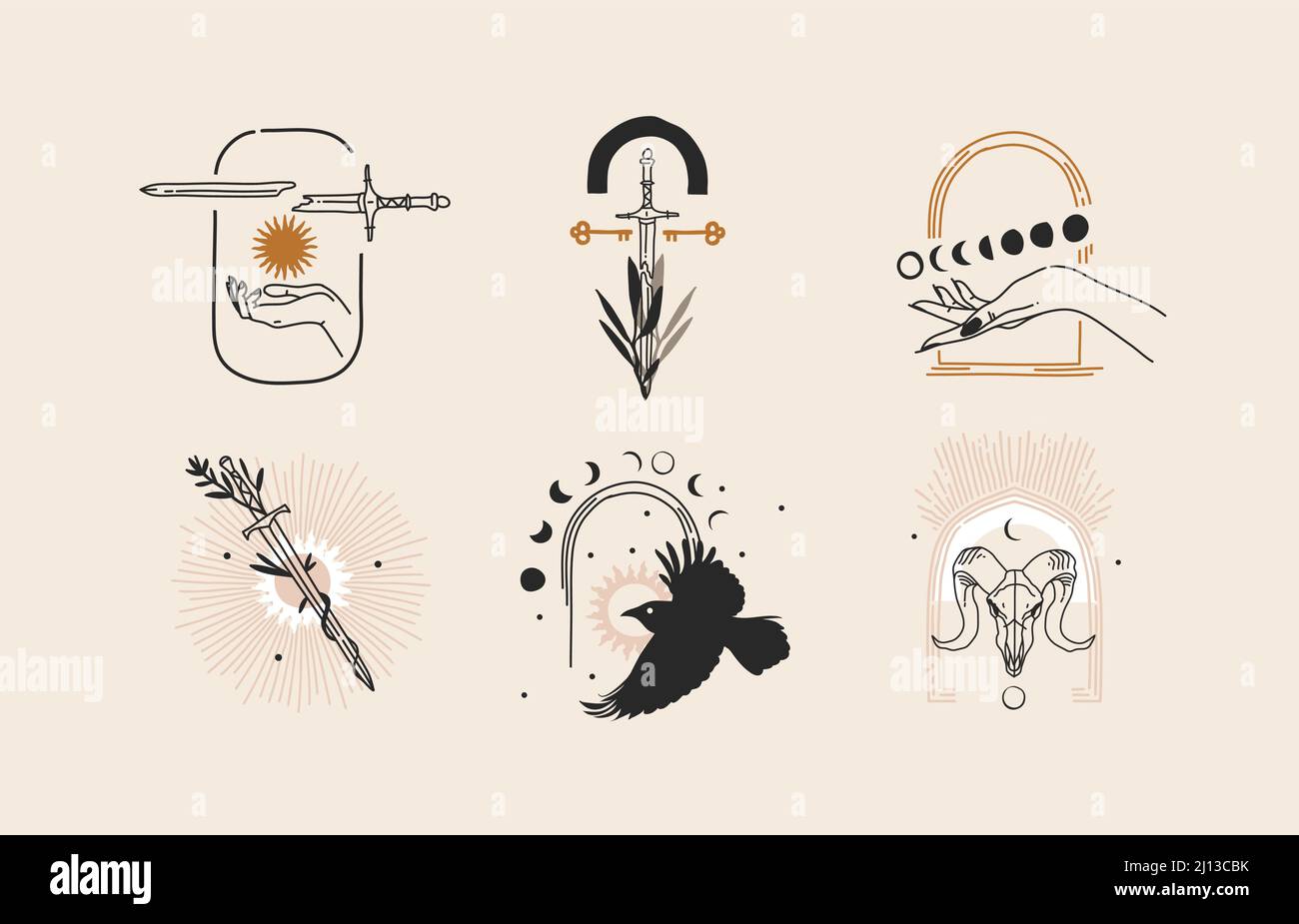 Illustration graphique vectorielle abstraite à la main avec ensemble de collection d'éléments de logo, art de ligne magique de croissant, phase de lune et étoile dans Illustration de Vecteur