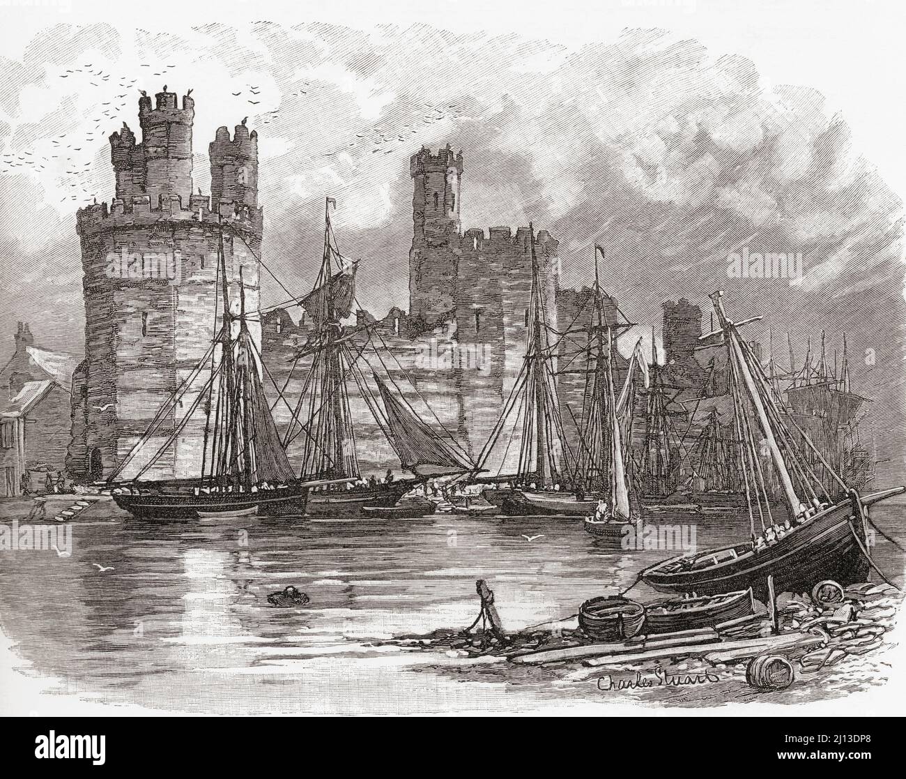 Château de Caernarfon, alias Château de Carnarvon ou Château de Caernarvon, Caernarfon, Gwynedd, au nord-ouest du pays de Galles, vu de l'autre côté de la rivière Seiont au siècle 19th. De Welsh Pictures, publié en 1880. Banque D'Images