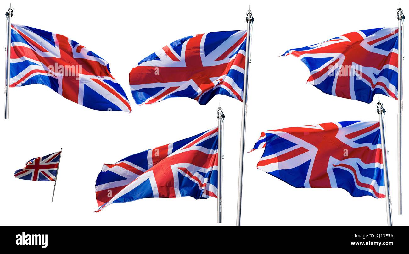 Drapeaux Union Jack. Collection de six drapeaux britanniques nationaux avec mât, soufflant dans le vent, isolé sur fond blanc. Banque D'Images