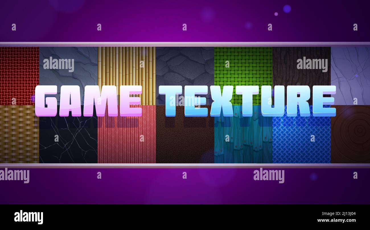 Collection de textures de jeu avec des motifs sans couture de tissu tissé, pierres, cuir, bambou, tuiles de toit et marbre. Ensemble de fond de dessin animé vectoriel de tricot, de rochers, de peau d'animal et de bois Illustration de Vecteur