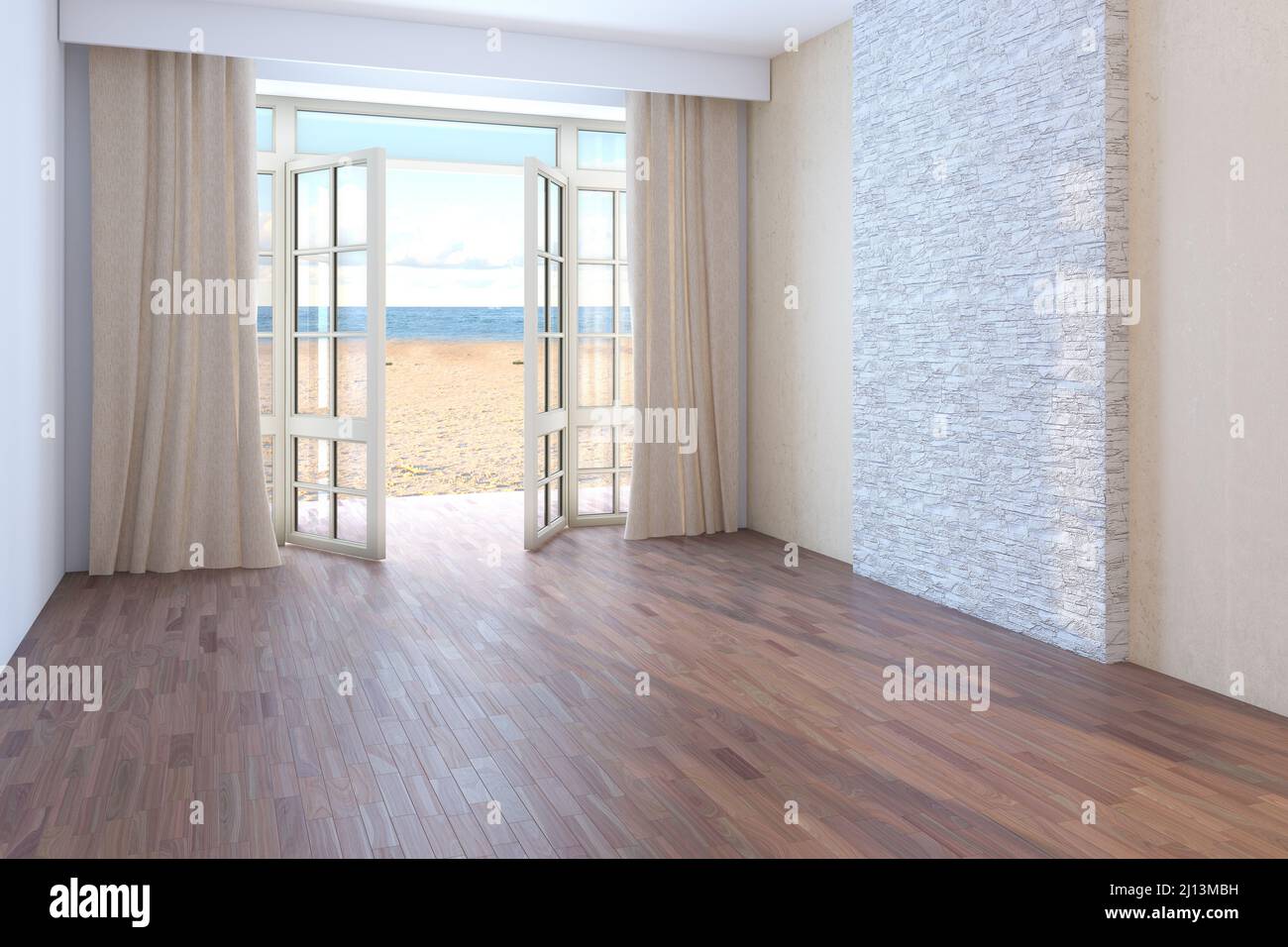 Hôtel avec vue sur la mer. Chambre vide avec fenêtres ouvertes donnant sur l'océan, le sable jaune et les nuages. Parquet foncé, rideaux beige et mur en stuc beige avec briques. 3D rendu, 8K Ultra HD Banque D'Images