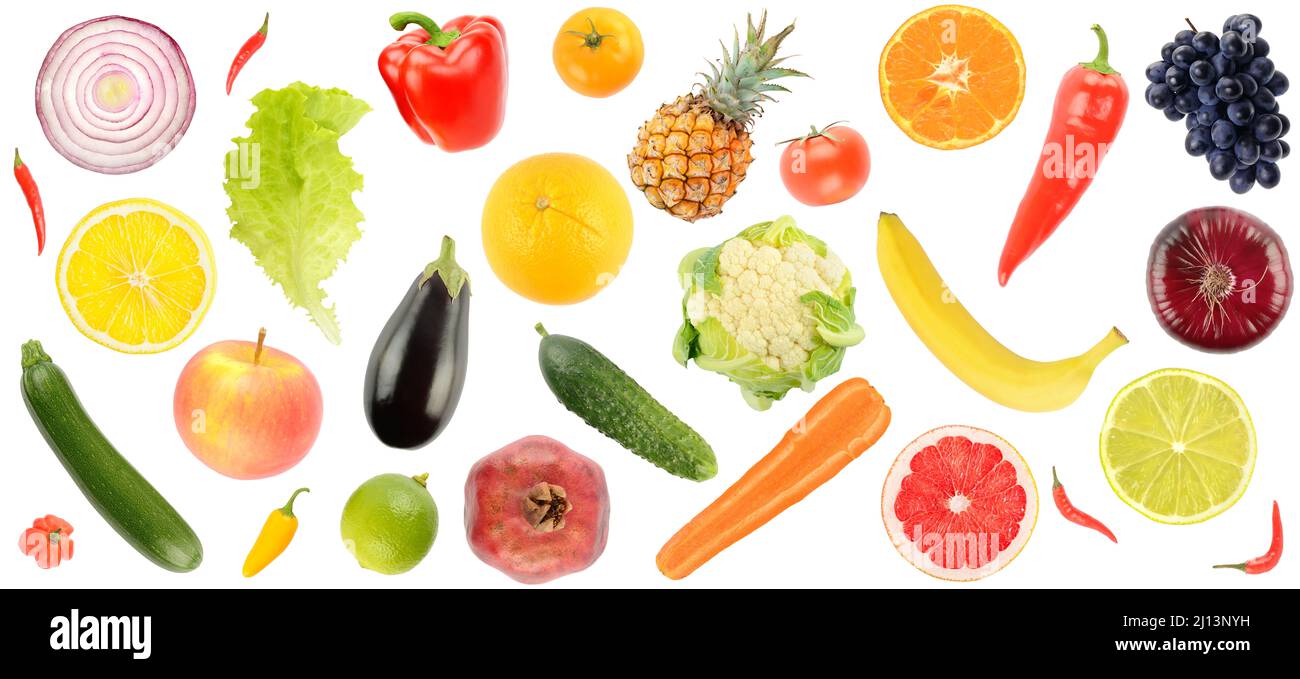 Fruits et légumes sains et lumineux isolés sur fond blanc. Banque D'Images