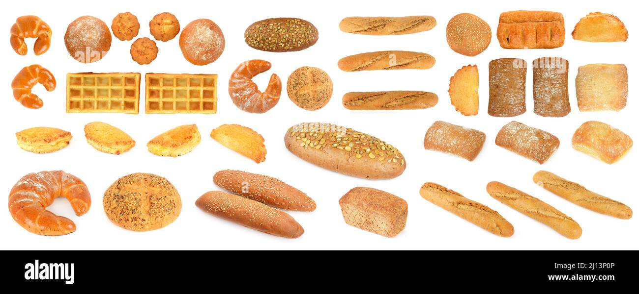 Grand ensemble de produits de pain frais sains isolés sur fond blanc. Banque D'Images