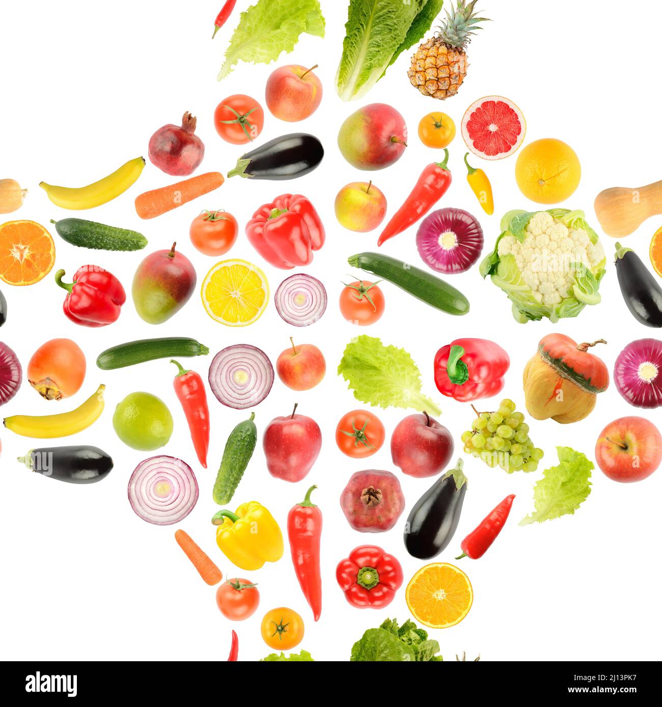 Motif sans couture provenant de fruits et légumes frais et lumineux, isolé sur fond blanc. Banque D'Images