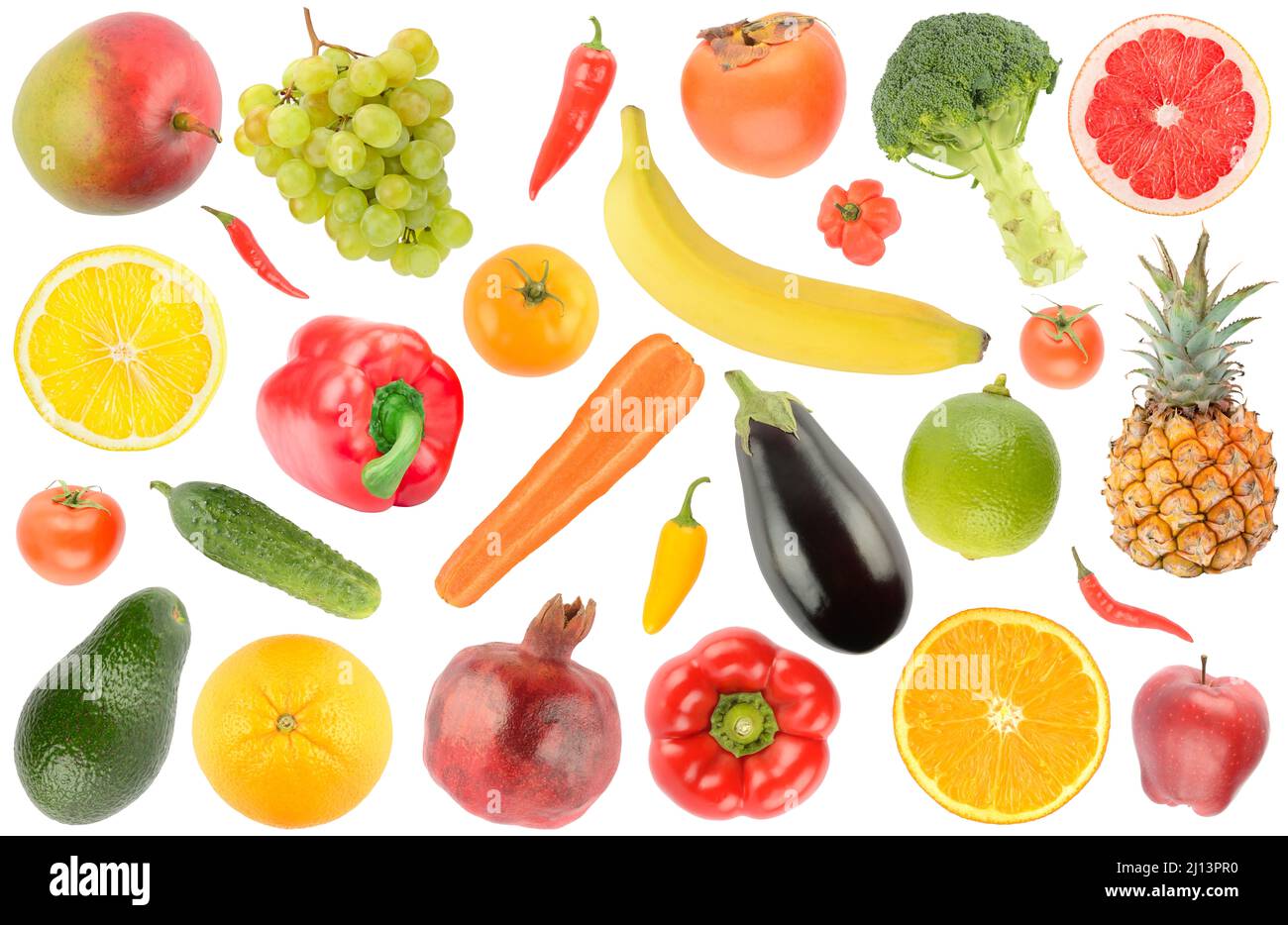 Fruits et légumes brillants isolés sur fond blanc. Banque D'Images