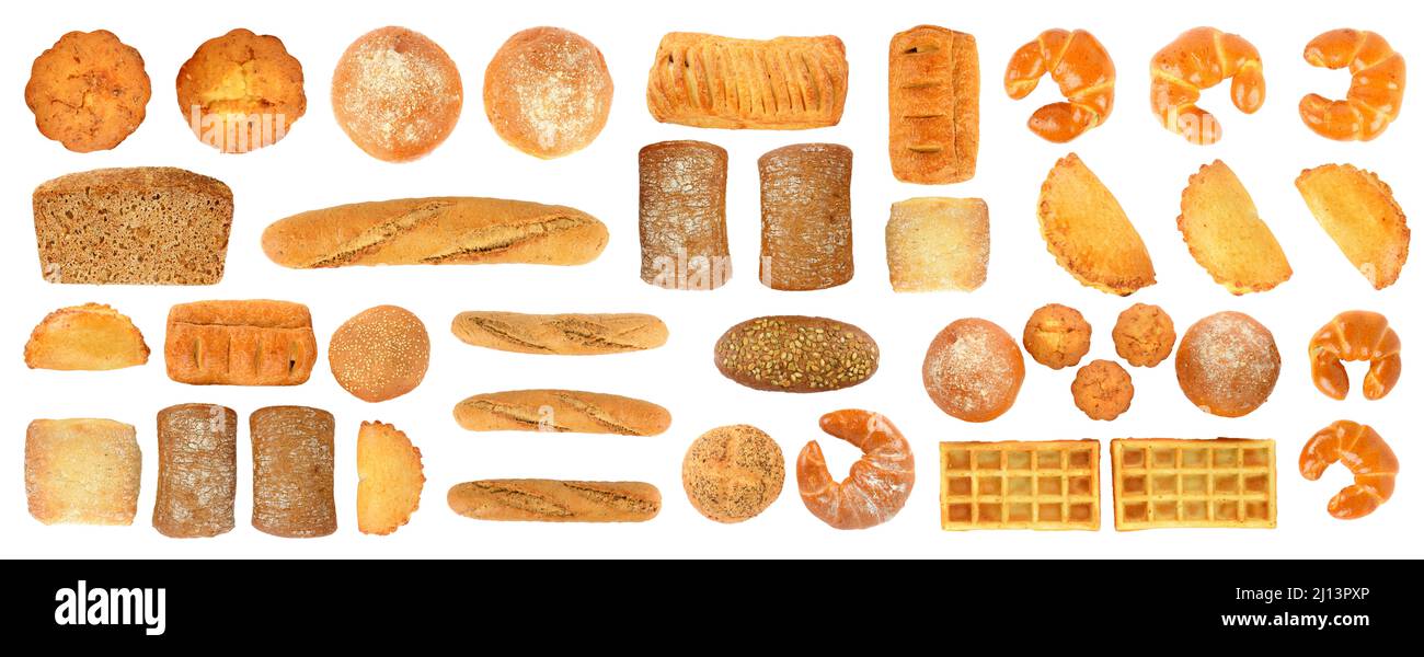 Grand ensemble de produits de pain sains isolés sur fond blanc. Banque D'Images