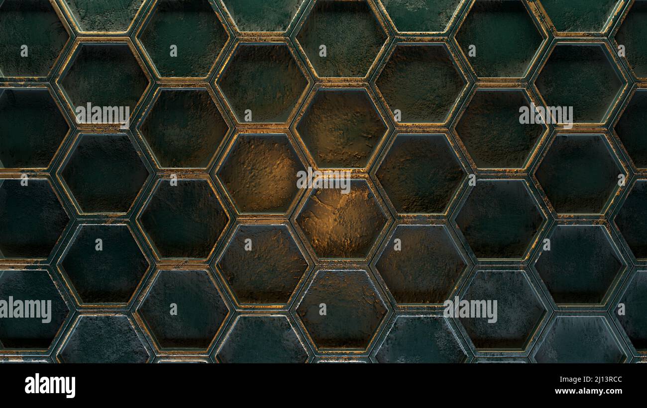 Arrière-plan hexagonal avec texture métallique réelle. 3d rendu. Banque D'Images