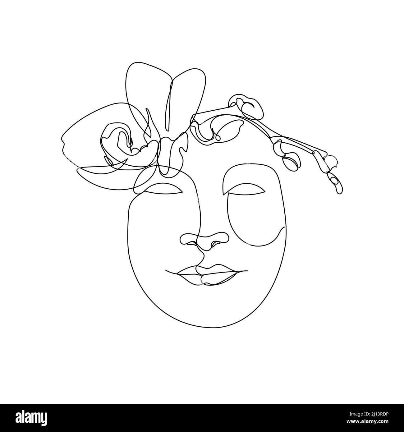 Une seule ligne dessin visage de fille avec fleur d'orchidée Illustration de Vecteur