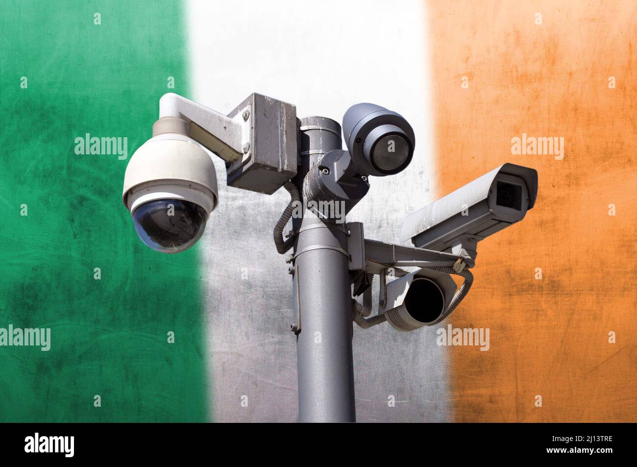 Caméra en circuit fermé système de vidéosurveillance multi-angle sur fond  de drapeau national de l'Irlande. Contrôle total Photo Stock - Alamy