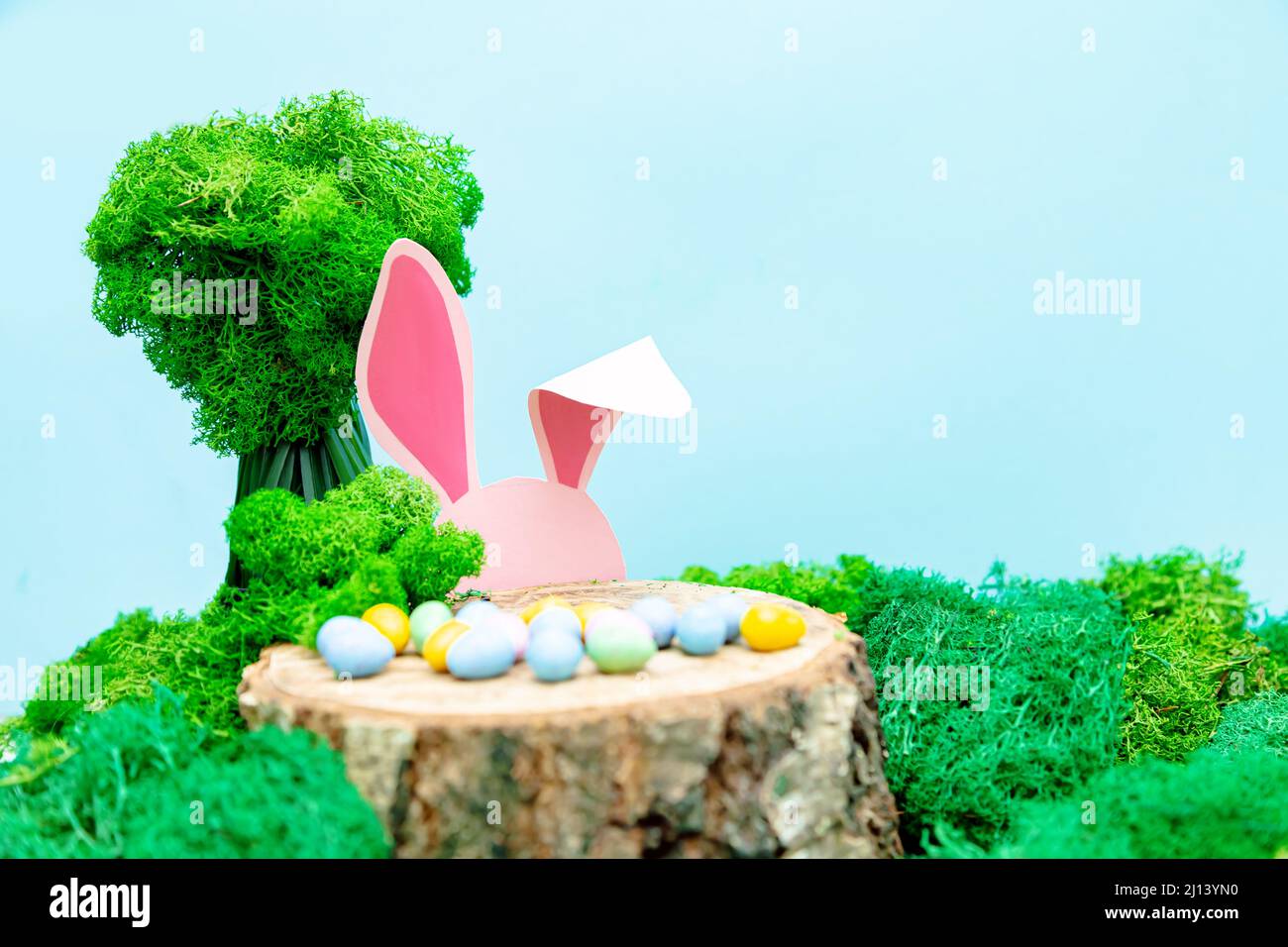 Le lapin rose se cache derrière une souche. Carte de vœux de Pâques avec symboles Pâques. Banque D'Images