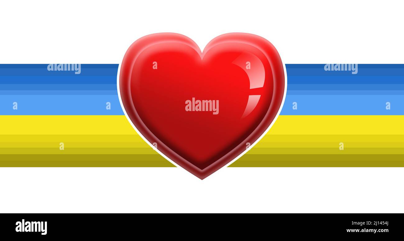 Image générée numériquement de la forme du cœur rouge sur un drapeau ukrainien jaune et bleu sur fond blanc Banque D'Images Image générée numériquement de la forme du cœur rouge sur un drapeau ukrainien jaune et bleu sur fond blanc Banque D'Images