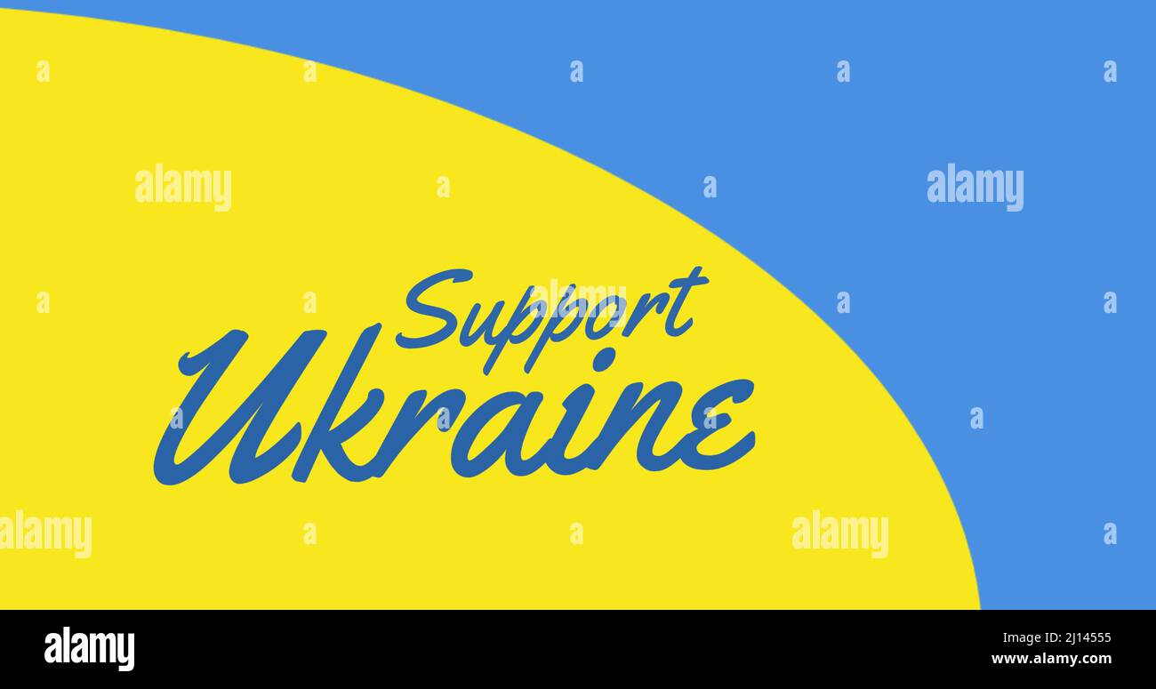 Image composite numérique de support ukraine sur drapeau ukrainien bleu et jaune Banque D'Images