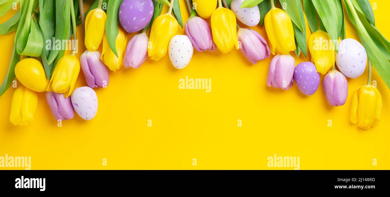 Banderole florale de printemps avec tulipes multicolores sur fond jaune.Vue de dessus.Copier l'espace Banque D'Images