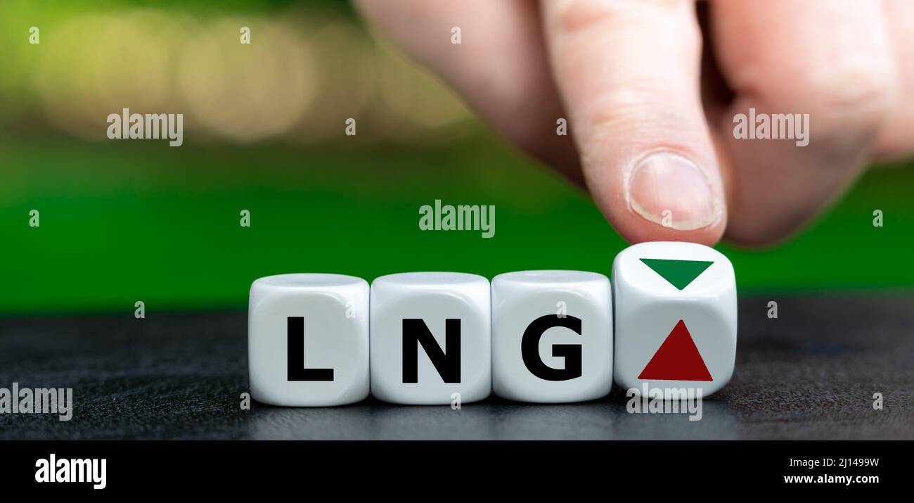 Symbole d'augmentation ou de diminution du prix du gaz naturel liquéfié (GNL). Banque D'Images