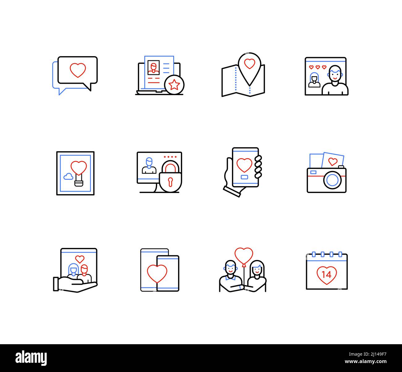 Romance, amour et relation - style de design de ligne icônes Illustration de Vecteur