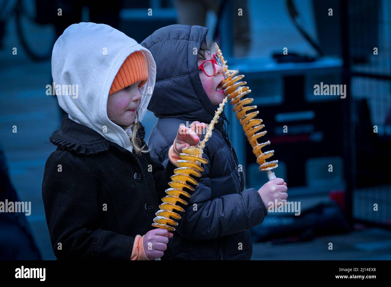Les enfants mangeant des pommes de terre Tornado, Banque D'Images