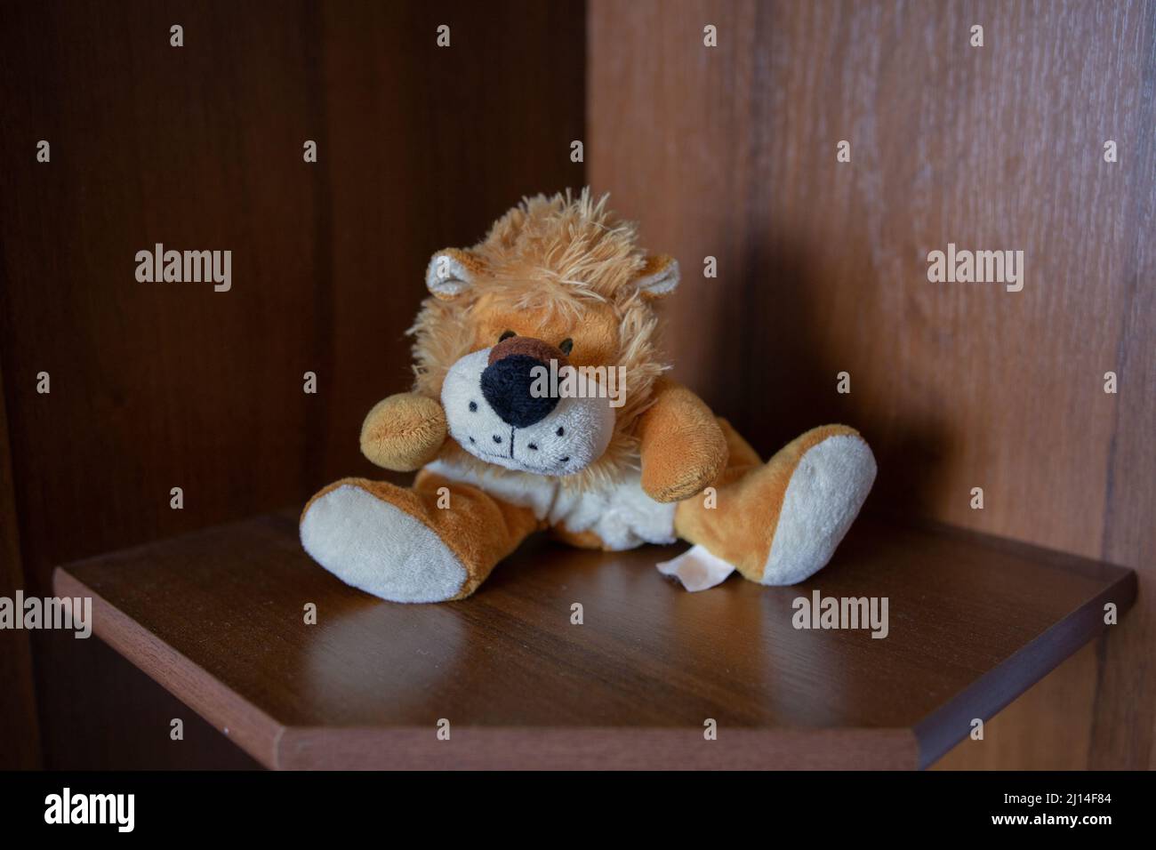 un petit lion en peluche sur une étagère dans la chambre Banque D'Images