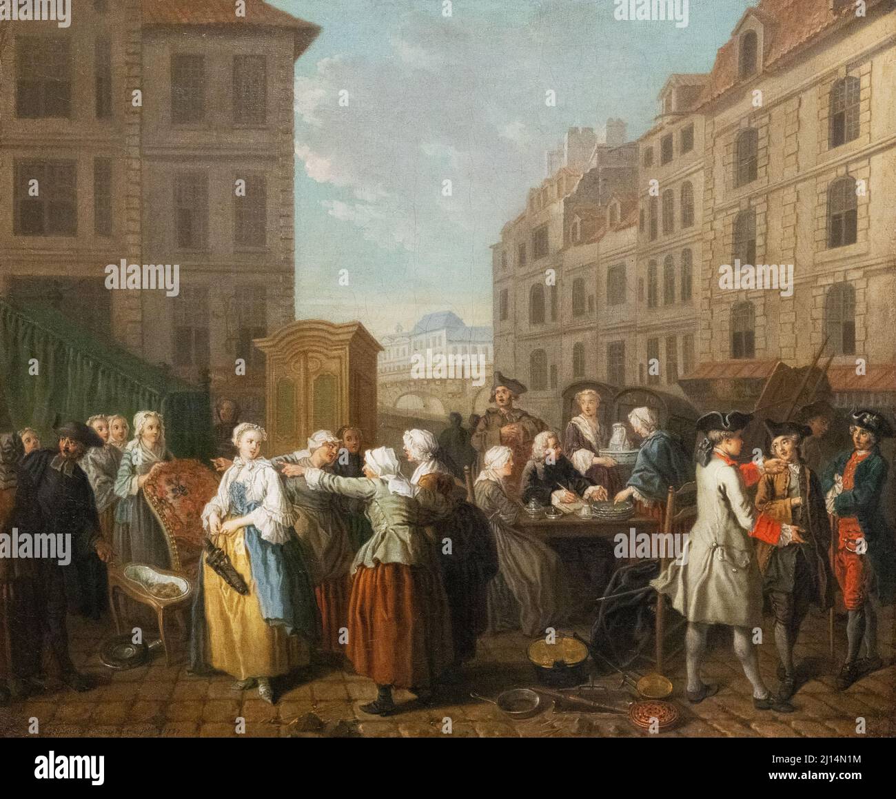 Etienne Jeaurat peinture, 'Scene in the Streets of Paris', 1757, huile sur toile. Peintre français du 18th siècle. Banque D'Images