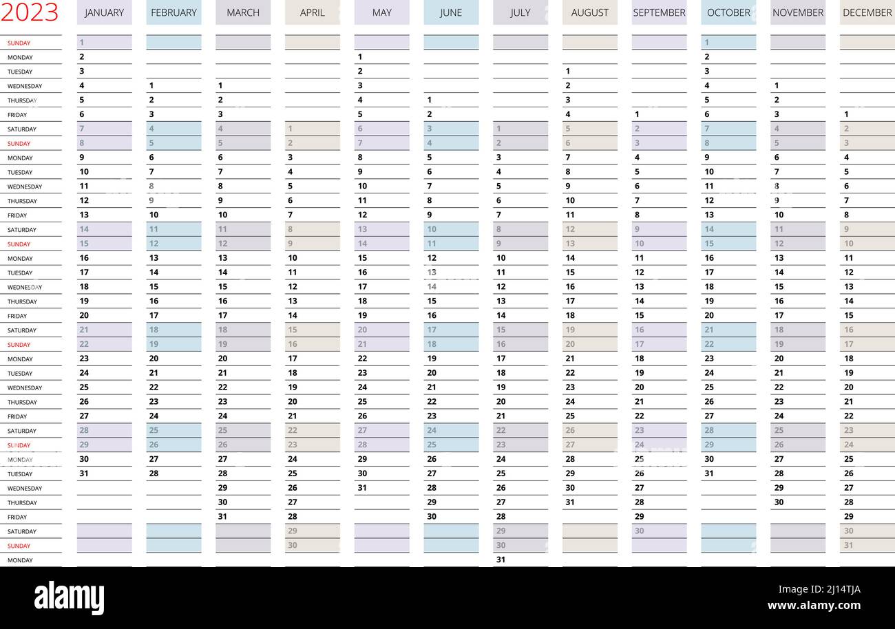 Calendrier de 2023. Modèle de calendrier pour 2023. Calendrier d'entreprise et d'entreprise. Modèle d'impression de conception de papier à lettres. La semaine commence le dimanche. Illustration de Vecteur