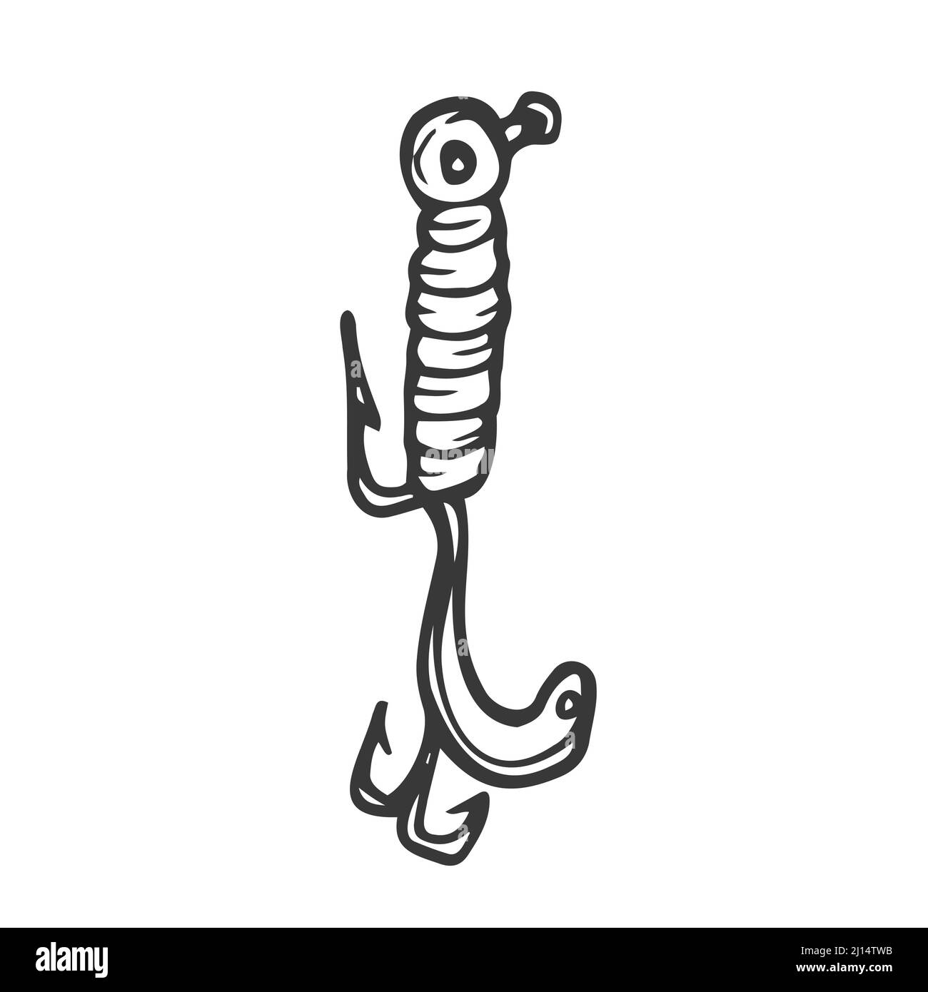 Pêche à la caniche. Abstrait appâts contemporains de pêche de différentes tailles et formes pour pêcheurs à la ligne. Accessoires de pêcheur colorés dessinés à la main avec crochets. Illustration de Vecteur