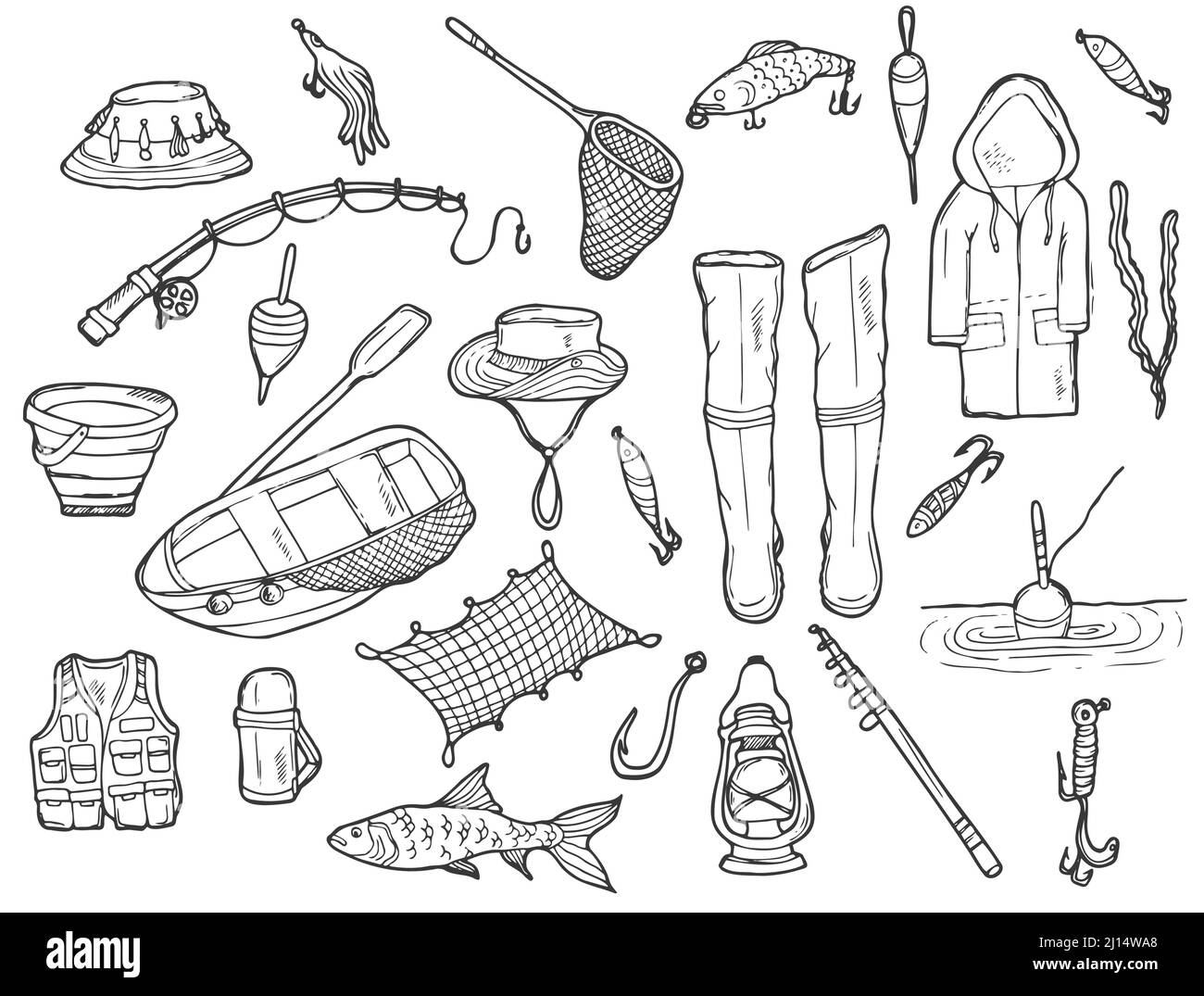 Ensemble de pêche à la Doodle. Pêche et Camping dans vecteur. Illustration dessinée à la main. Illustration de Vecteur