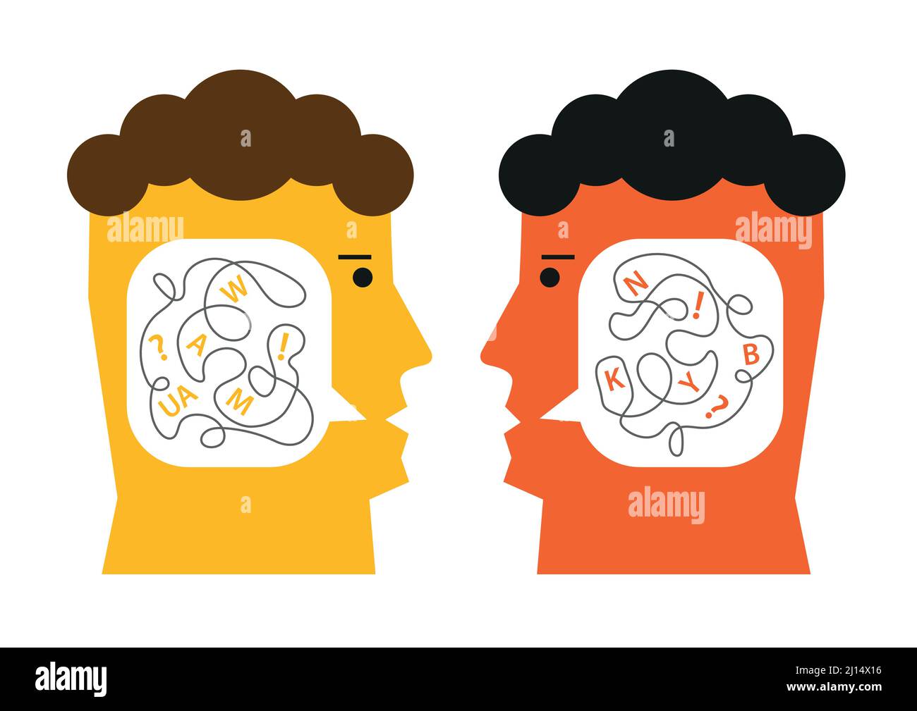 Impossibilité de dialogue, incapable d'empathie avec les autres, concept de psychologie. Illustration de têtes masculines stylisées avec bulle vocale à l'intérieur. Illustration de Vecteur