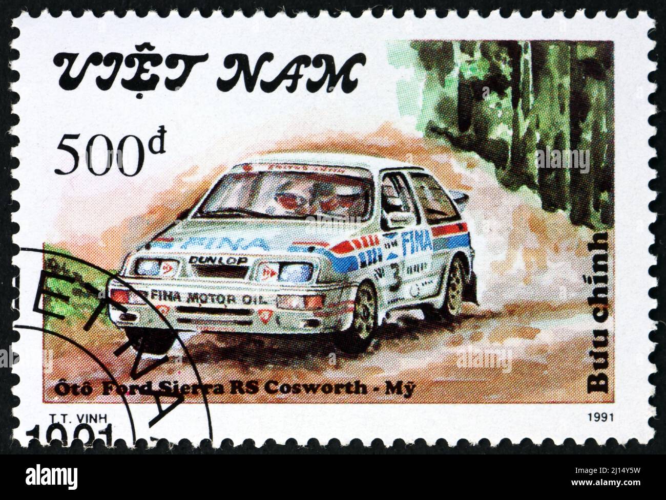 VIETNAM - VERS 1991: Un timbre imprimé au Vietnam montre Ford Sierra RS Cosworth, voiture de rallye, vers 1991 Banque D'Images