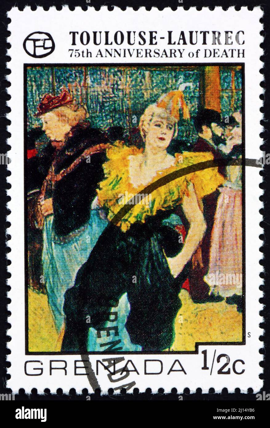 GRENADE - VERS 1976 : un timbre imprimé à la Grenade montre le Moulin Rouge, peinture de Toulouse-Lautrec, peintre français, vers 1976 Banque D'Images