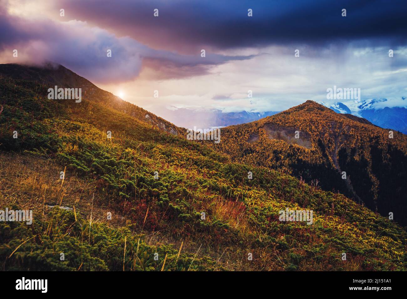 Belle vue sur le pied de Mt. Ushba illuminé par la lumière du soleil. Une scène matinale spectaculaire et pittoresque. Emplacement célèbre place Mestia, haute Svaneti, Geo Banque D'Images