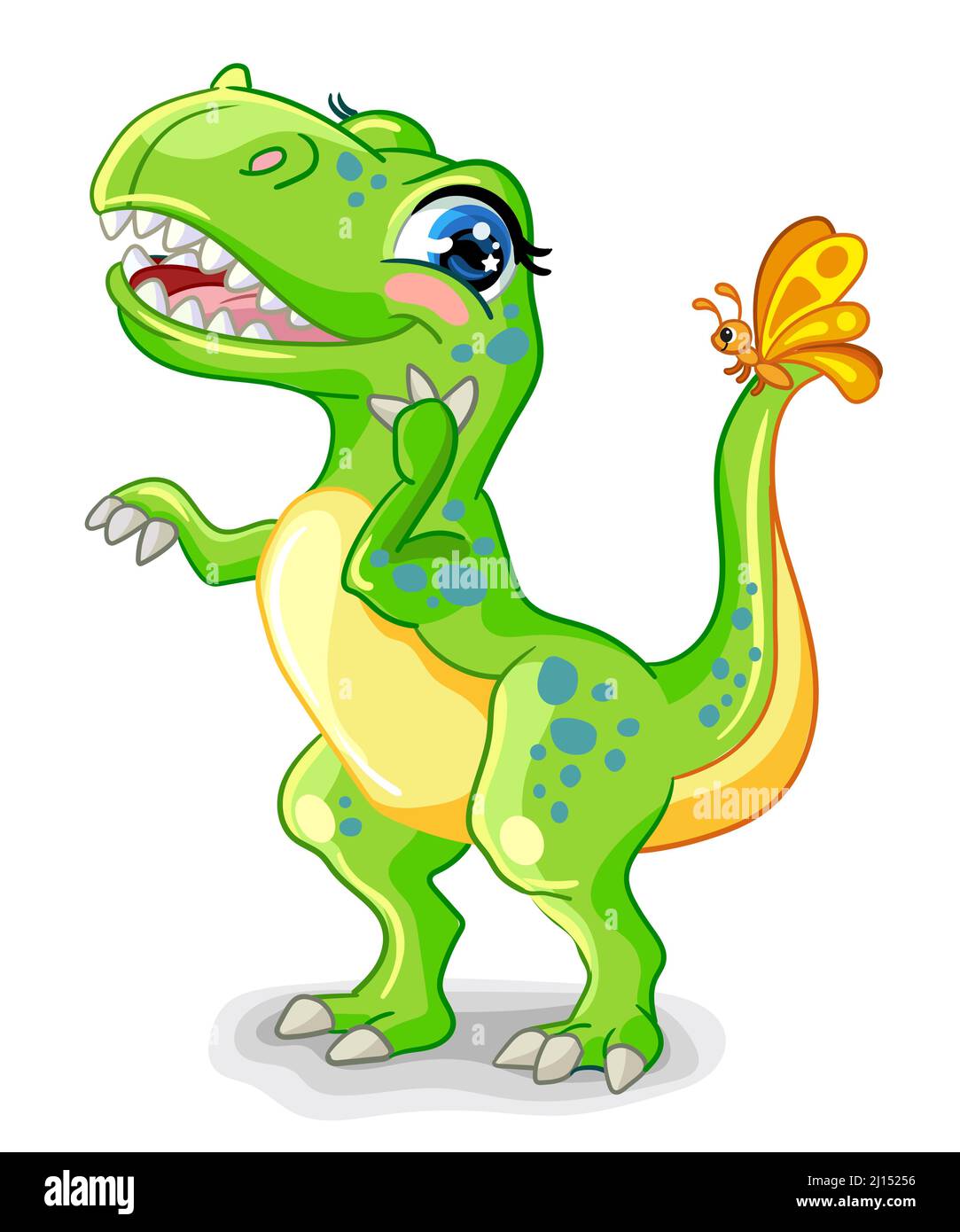 Mignon dessin animé bébé dinosaure personnage amical tyrannosaurus avec papillon. Illustration vectorielle isolée sur blanc. Pour l'impression, le design, la publicité, la Illustration de Vecteur