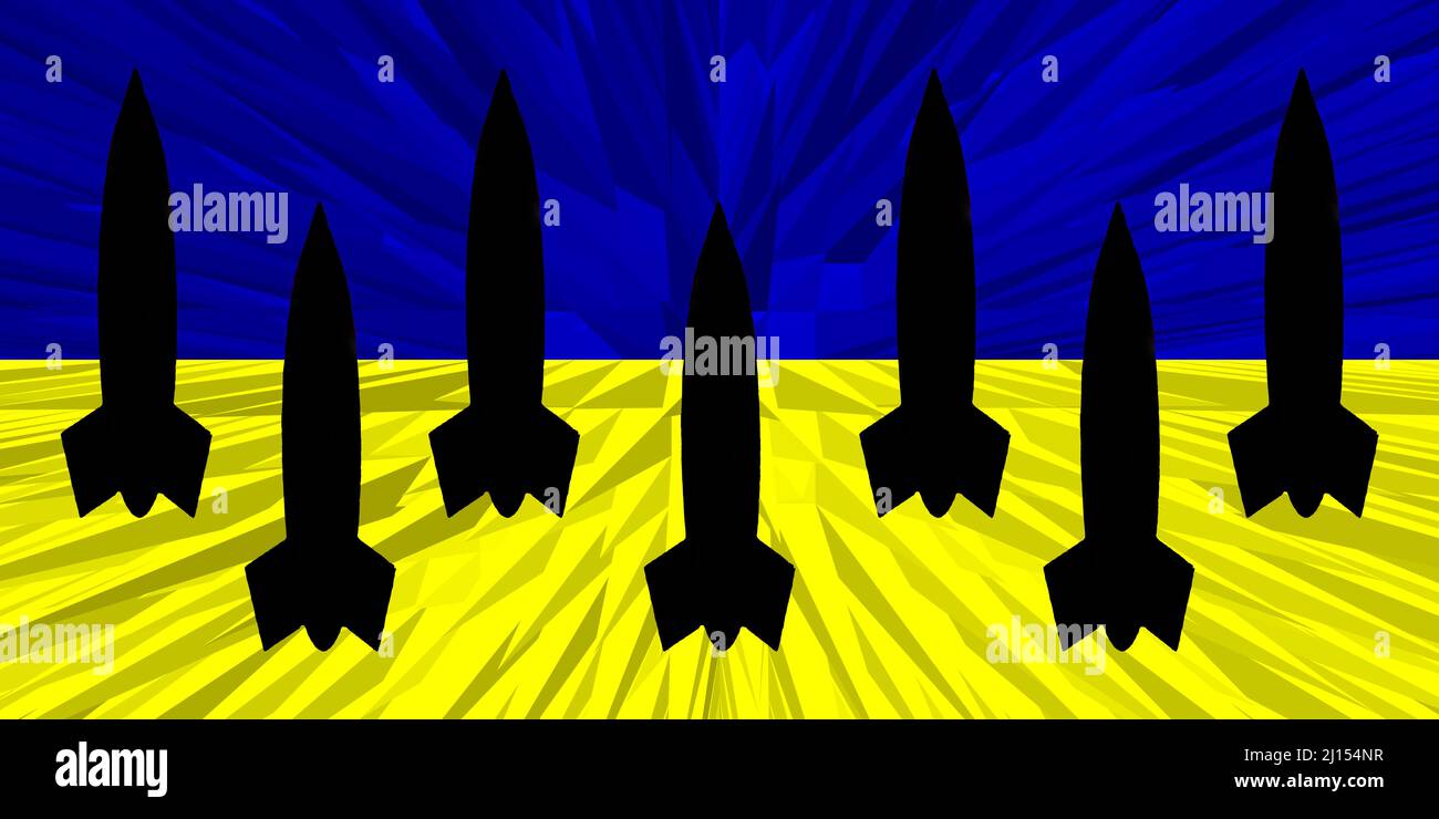 Ukraine. Armes nucléaires. Drapeau ukrainien avec symbole d'armes nucléaires et silhouette de missile. Illustration du drapeau de l'Ukraine. Conception horizontale. Banque D'Images