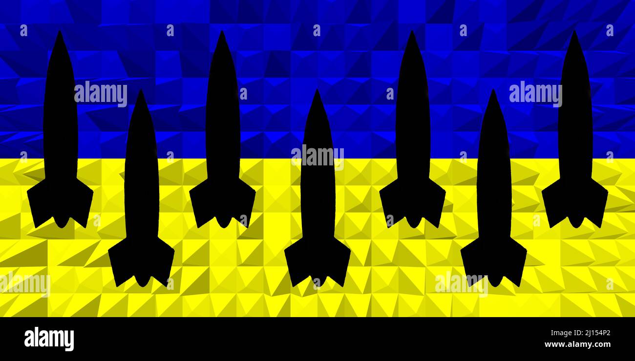 Ukraine. Armes nucléaires. Drapeau ukrainien avec symbole d'armes nucléaires et silhouette de missile. Illustration du drapeau de l'Ukraine. Conception horizontale. Banque D'Images