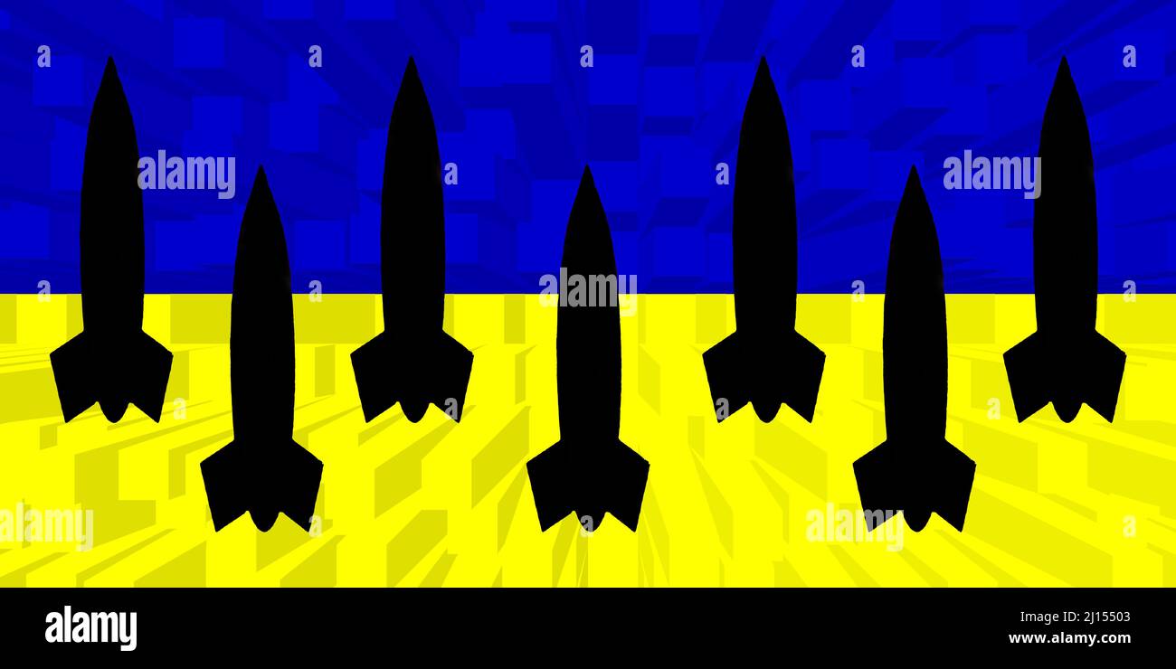 Ukraine. Armes nucléaires. Drapeau ukrainien avec symbole d'armes nucléaires et silhouette de missile. Illustration du drapeau de l'Ukraine. Conception horizontale. Banque D'Images