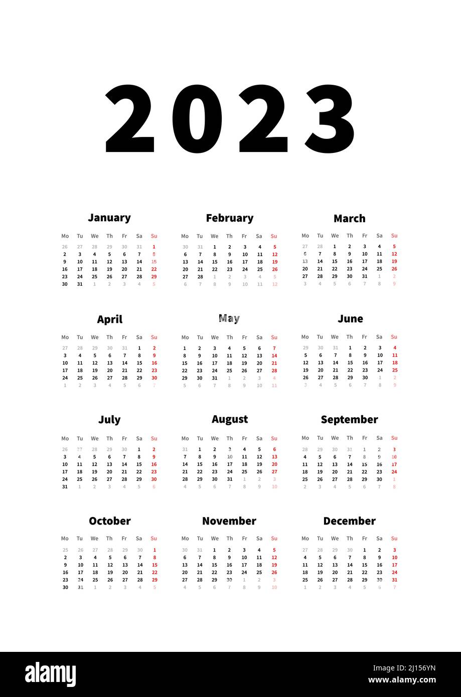 calendrier vertical simple de 2023 ans en anglais, calendrier typographique isolé sur blanc Illustration de Vecteur