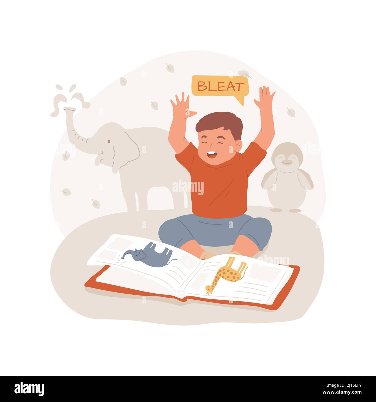 En savoir plus sur les illustrations vectorielles de dessins animés isolés d'animaux. Tout-petit lit un livre avec des images, l'enfant imite le son animal, apprend par le jeu, l'éducation des jeunes enfants, dessin animé vectoriel de la maternelle. Illustration de Vecteur