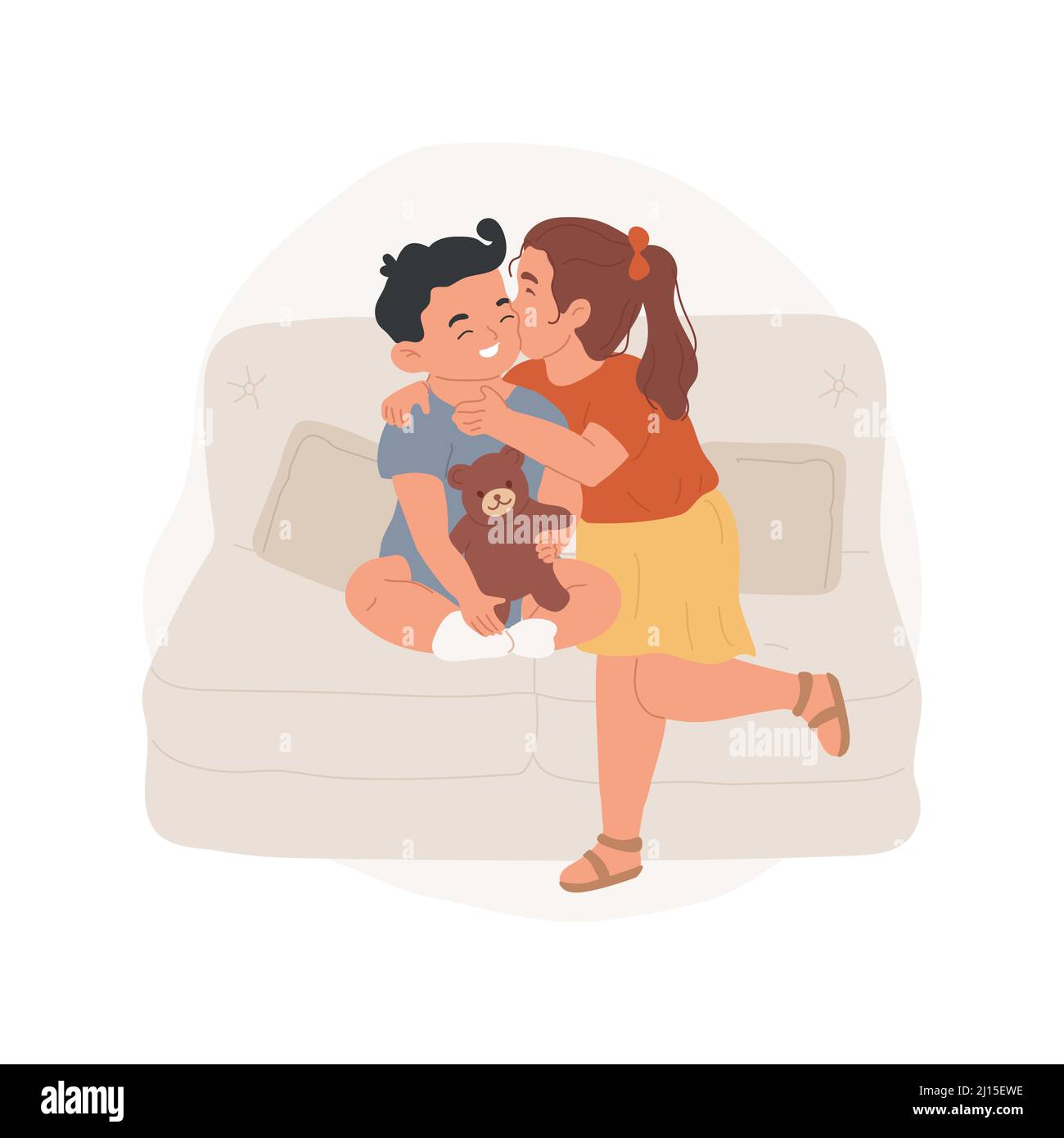 Embrasser une illustration vectorielle isolée apparentée. Enfant plus âgé embrasse plus jeune sur joue, frères et sœurs affectueux, ayant un deuxième enfant, prenant soin de frère plus jeune, heureux vecteur de famille de dessin animé. Illustration de Vecteur
