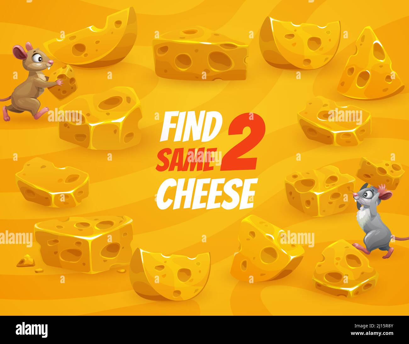 Trouvez deux pièces de fromage identiques puzzle de jeu pour enfants.  Feuille de travail vectorielle de l'éducation énigme, test d'attention ou  jeu-questionnaire assorti avec dessin animé drôle de souris et de rat