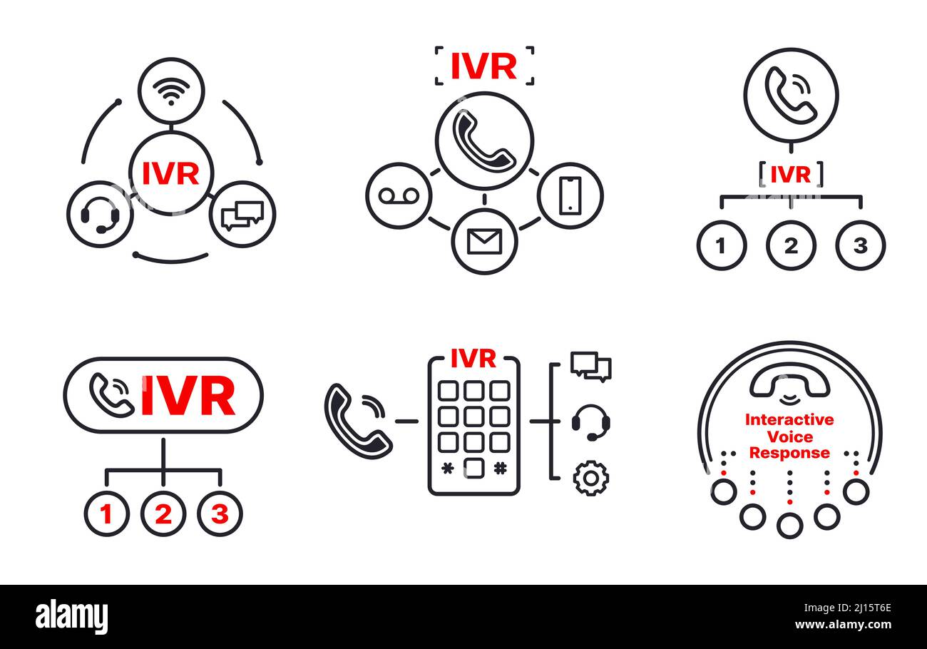 Icônes IVR, application de réponse vocale interactive pour la téléphonie appel téléphonique automatisé, symboles MIC vectoriels. Service clientèle IVR, centre de contact automatique et application de réponse interactive mobile numérique Illustration de Vecteur