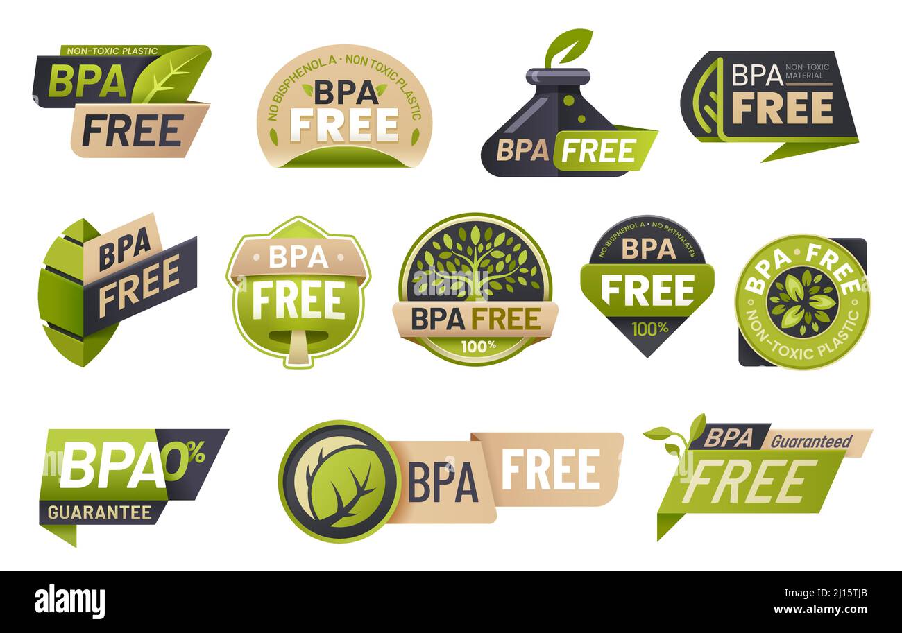 Icônes et étiquettes sans BPA en plastique alimentaire sans bisphénol. Badges vectoriels isolés en plastique non toxique avec feuilles et arbres verts, produits d'emballage écologiques, bouteilles recyclables et sacs biodégradables Illustration de Vecteur