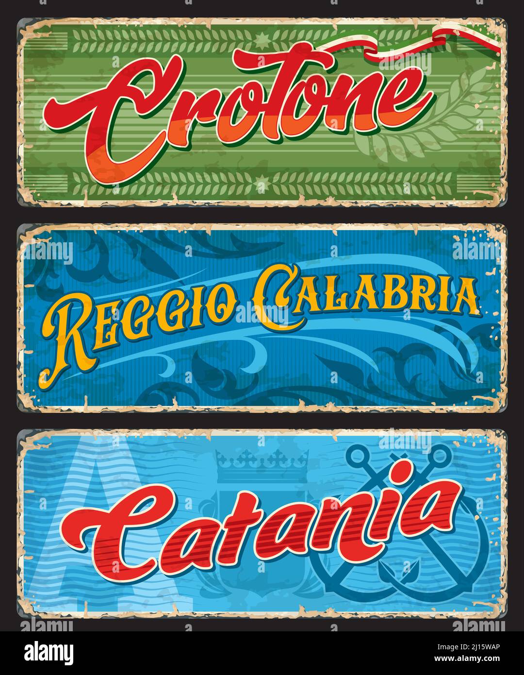 Crotone, Reggio Calabria et Catane étiquettes et plaques de voyage. Les villes italiennes sont des panneaux d'étain ou des bannières vectorielles de grunge. Plaques de la région Europe Travel avec typographie, ornements et armoiries vintage Illustration de Vecteur