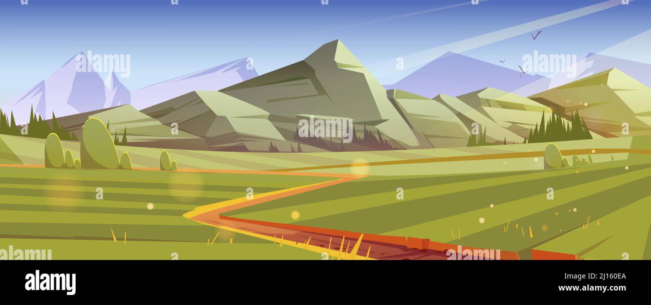 Prés verts et route dans la vallée de montagne. Illustration vectorielle de paysage d'été, paysage de campagne avec champs, arbres et rochers s'étend à l'horizon Illustration de Vecteur