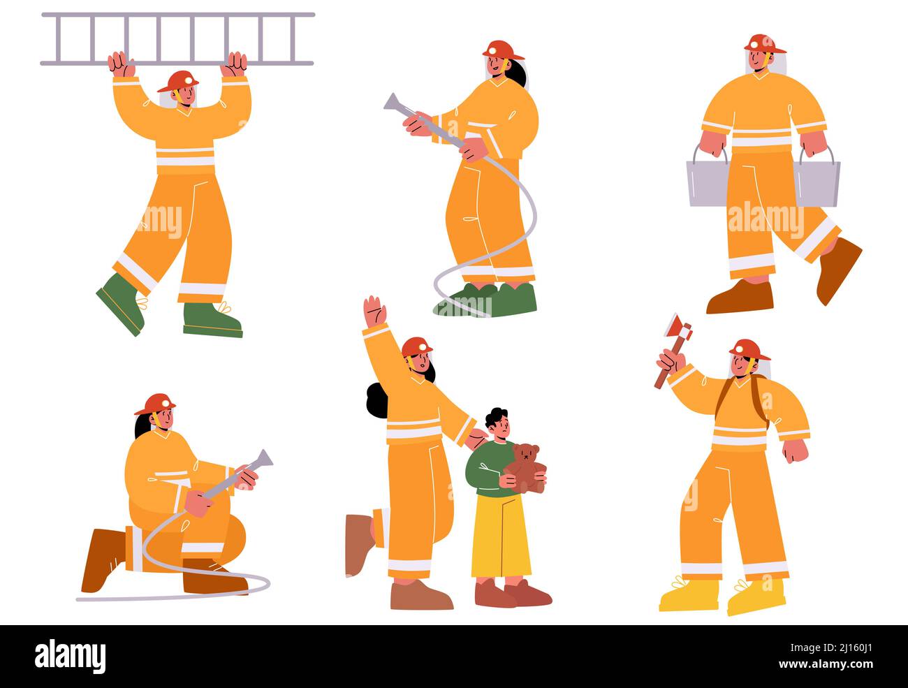 Jeu de personnages mâles et femelles de pompiers dans une échelle de maintien uniforme, un tuyau d'eau, des seaux et une hache. Groupe de pompiers travaillant, luttant avec feu, sauve enfant. Illustration de vecteur linéaire de personnes Illustration de Vecteur