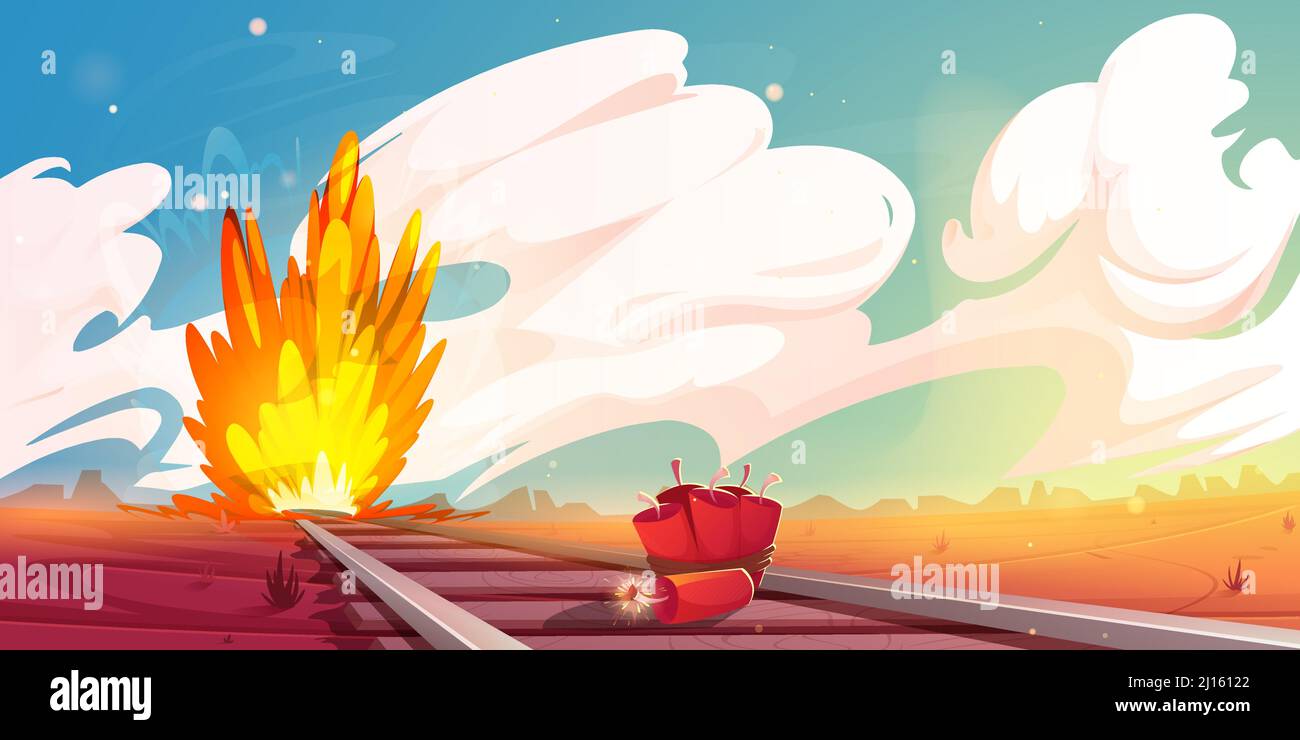 Train sabotage scène occidentale, tnt dynamite avec fusible brûlant couché sur des traverses de chemin de fer et explosion de bombe dans le paysage sauvage de la nature ouest avec le désert sous ciel nuageux, illustration de cartoon vecteur Illustration de Vecteur
